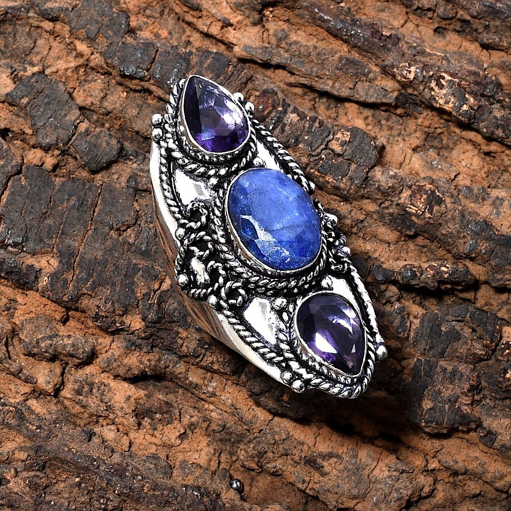 Blue sapphire and amethyst Victorian style ring